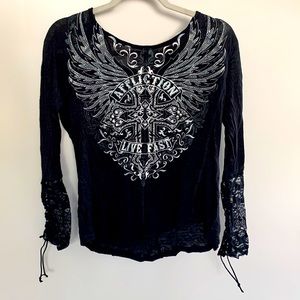Long sleeve Affliction shirt; bling, lace.